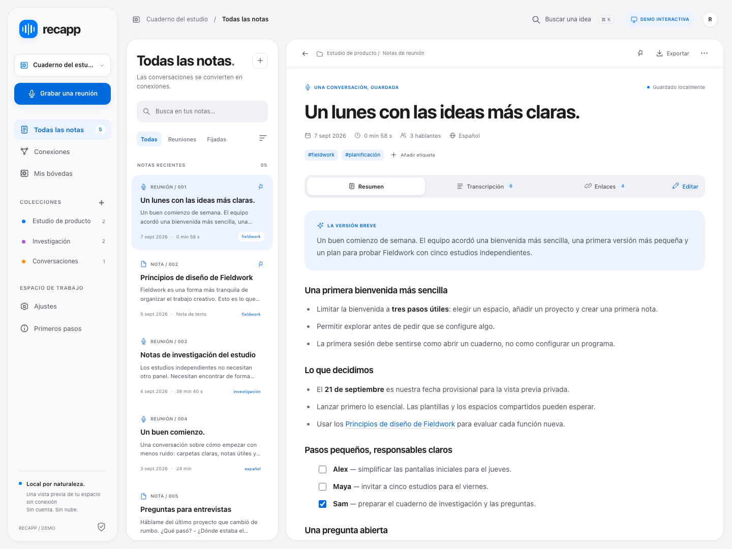 El espacio de Recapp · Demo interactiva con contenido ficticio